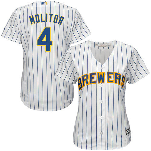 Brewers #4 Paul Molitor White Strip Home Women's Stitched MLB Jersey